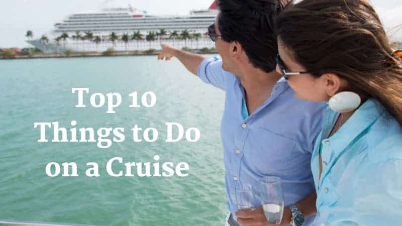 Man and woman pointing at a cruise ship