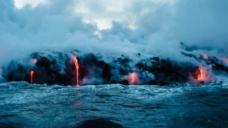 Lava flows into ocean in Hawaii Volcanoes National Park, Big Island