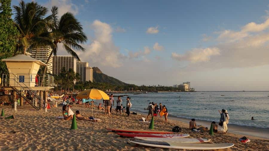 Sunset at Waikiki Beach in Honolulu, Hawaii