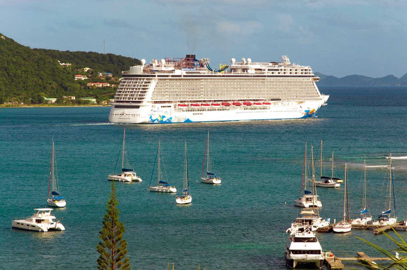 Cruise ship departing the British Virgin Islands.