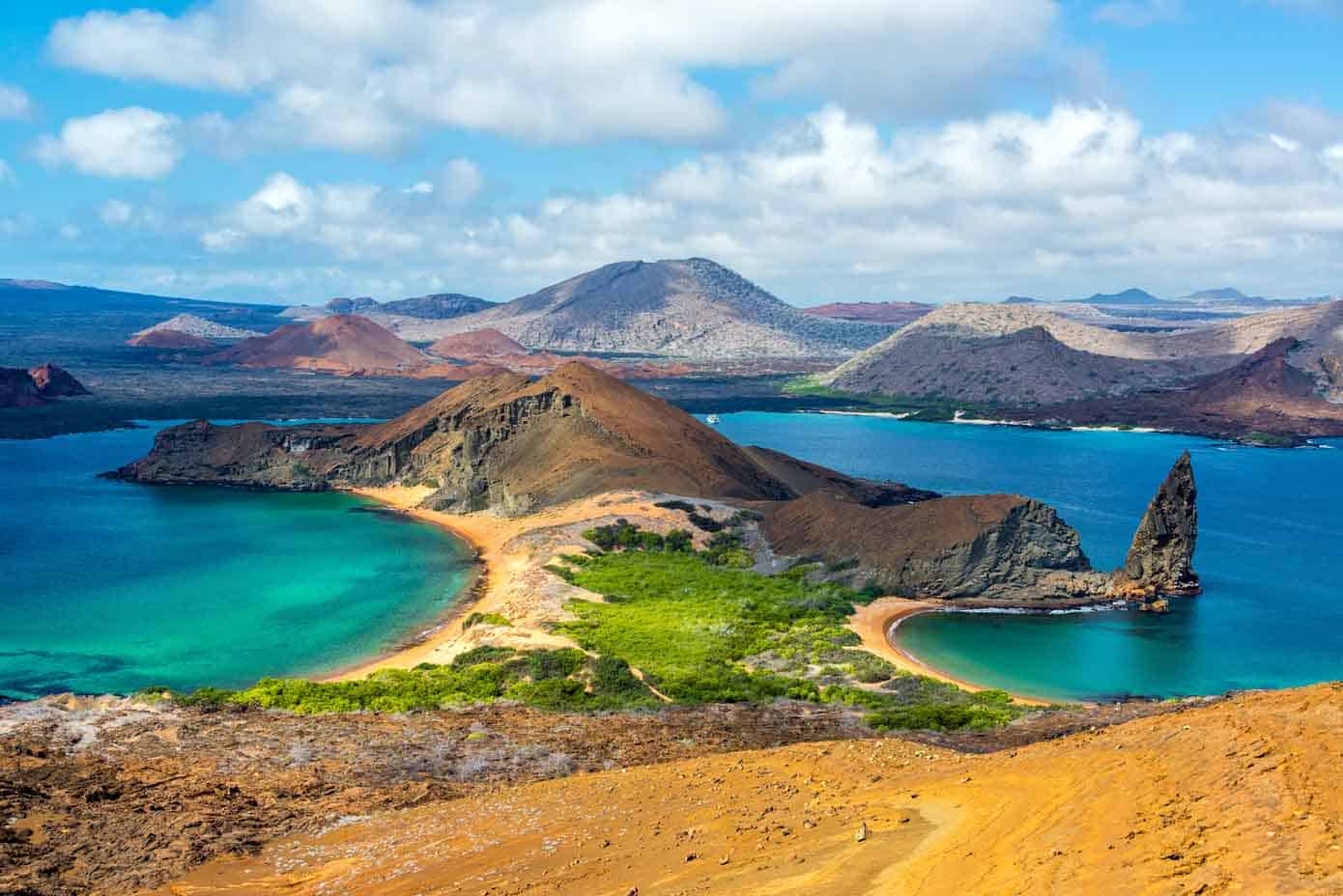 Beaches and elaborate raised geography in the Galapagos Islands.