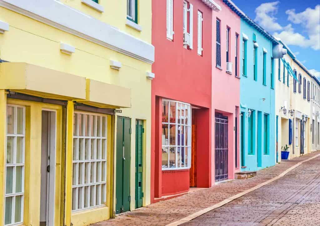 Colorful buildings lining a street in Bermuda.