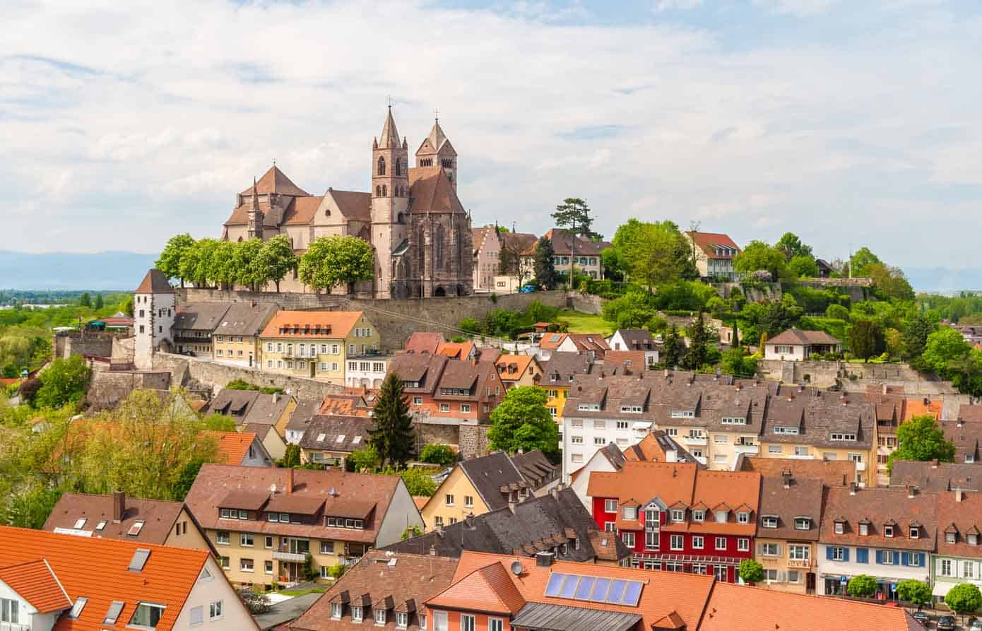 View of old buildings and church in Breisach, Germany.