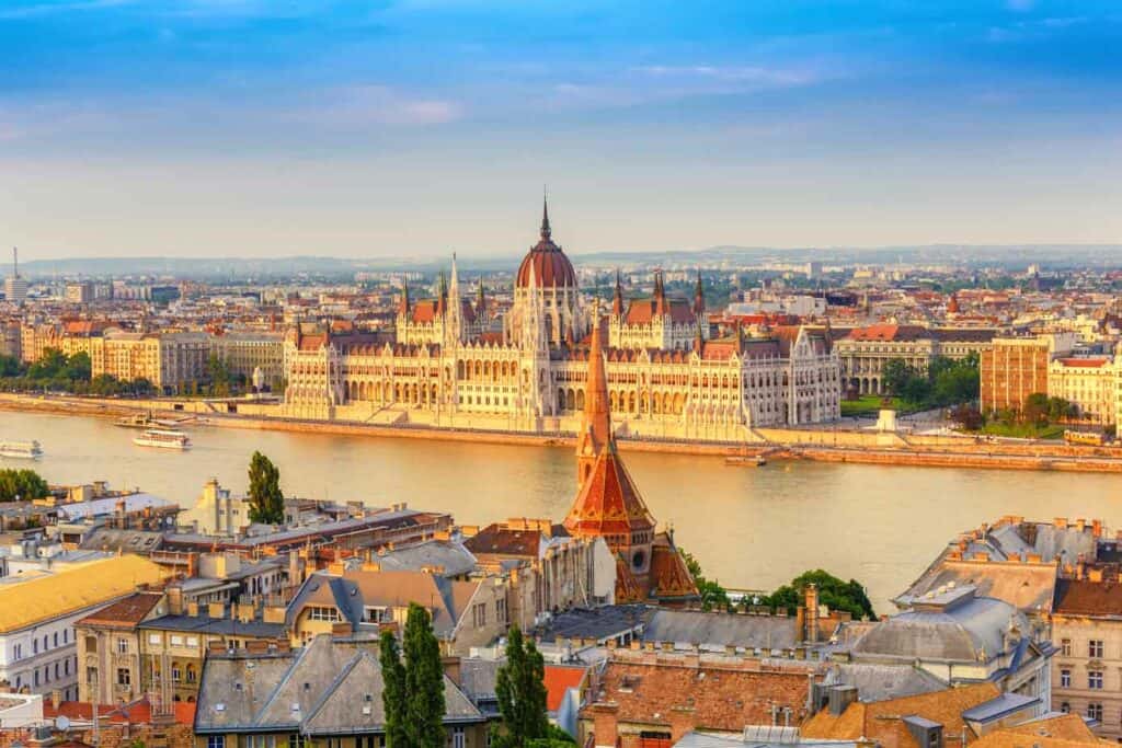 Hungarian Parliament building in Budapest on the Danube River.