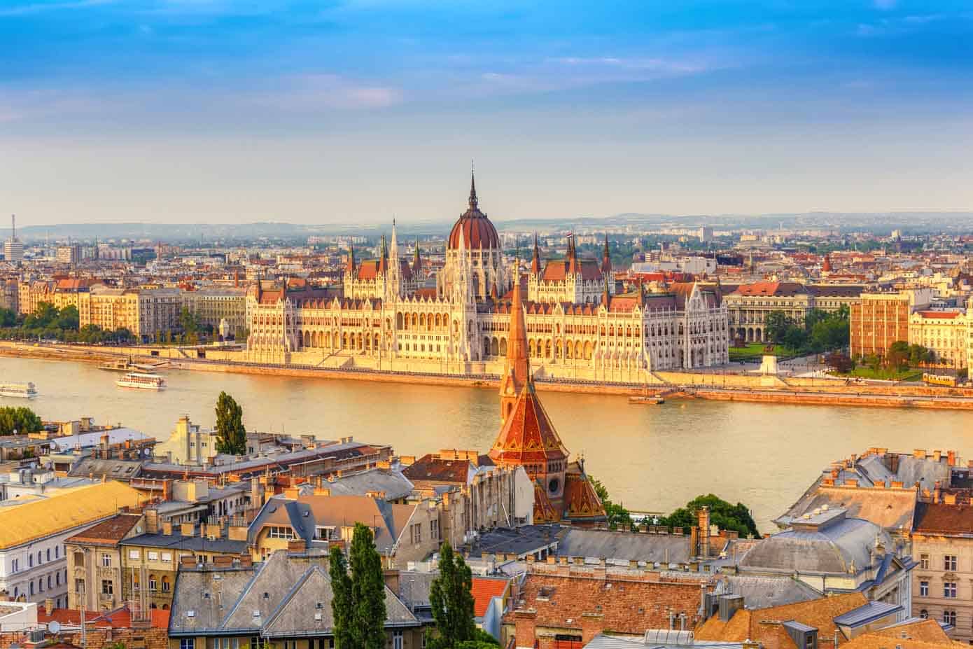 Hungarian Parliament building in Budapest on the Danube River.