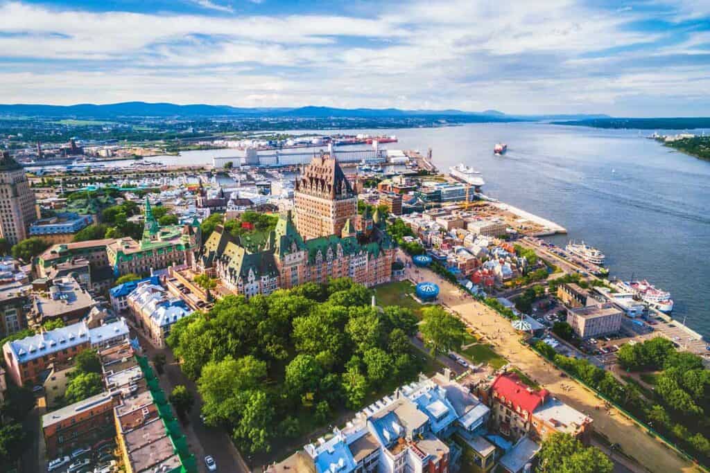 Aerial view of Old Quebec City on the water.