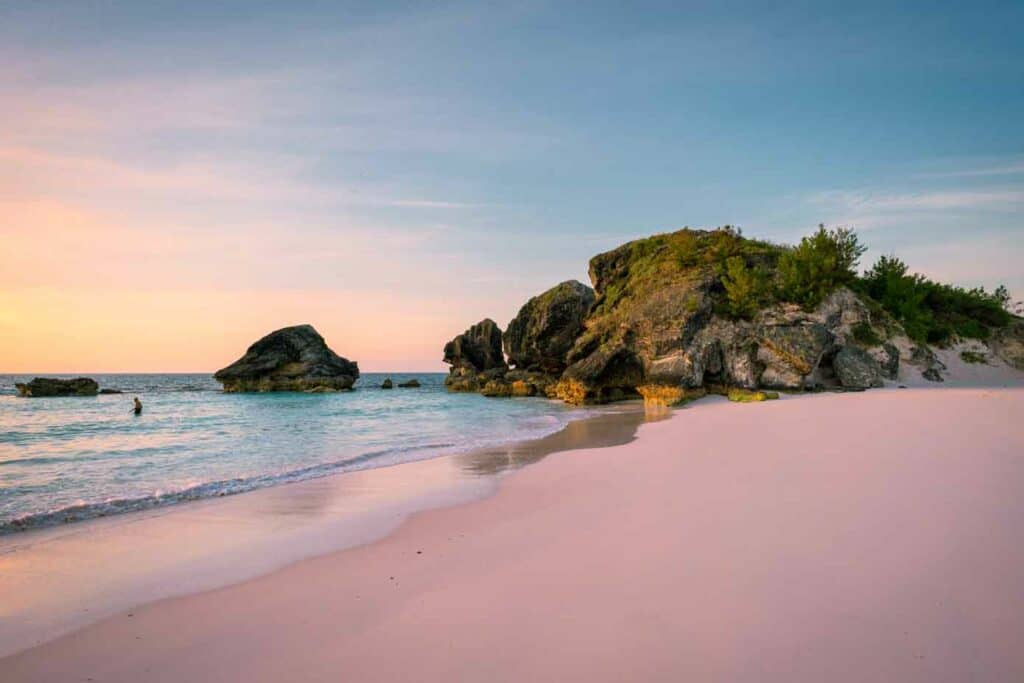 Pink sand beach during sunset in Bermuda.