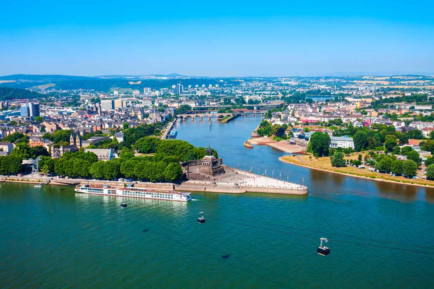 Skyline of Koblenz, Germany with the Rhine River and Mosel River in view.