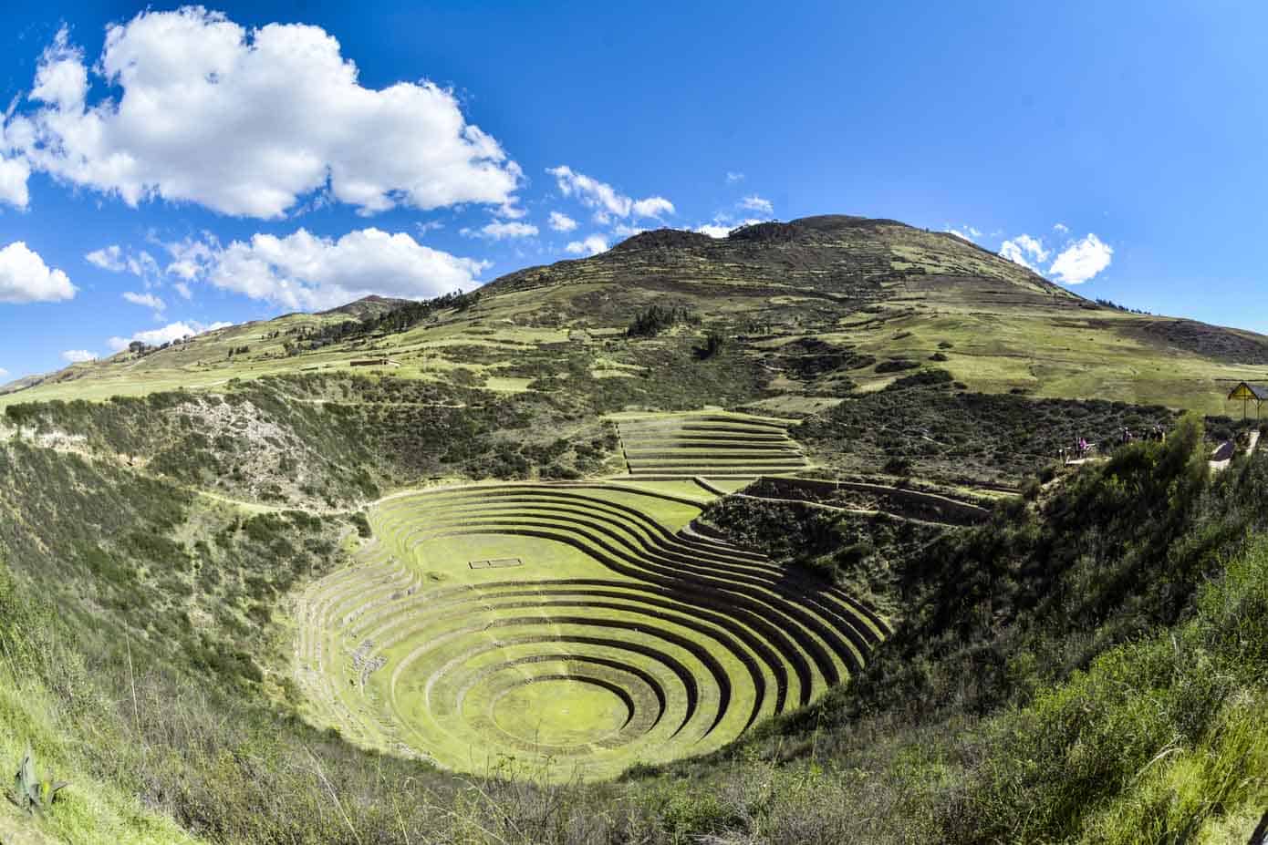 Lush valley with bright blue skies in Peru called Sacred Valley.