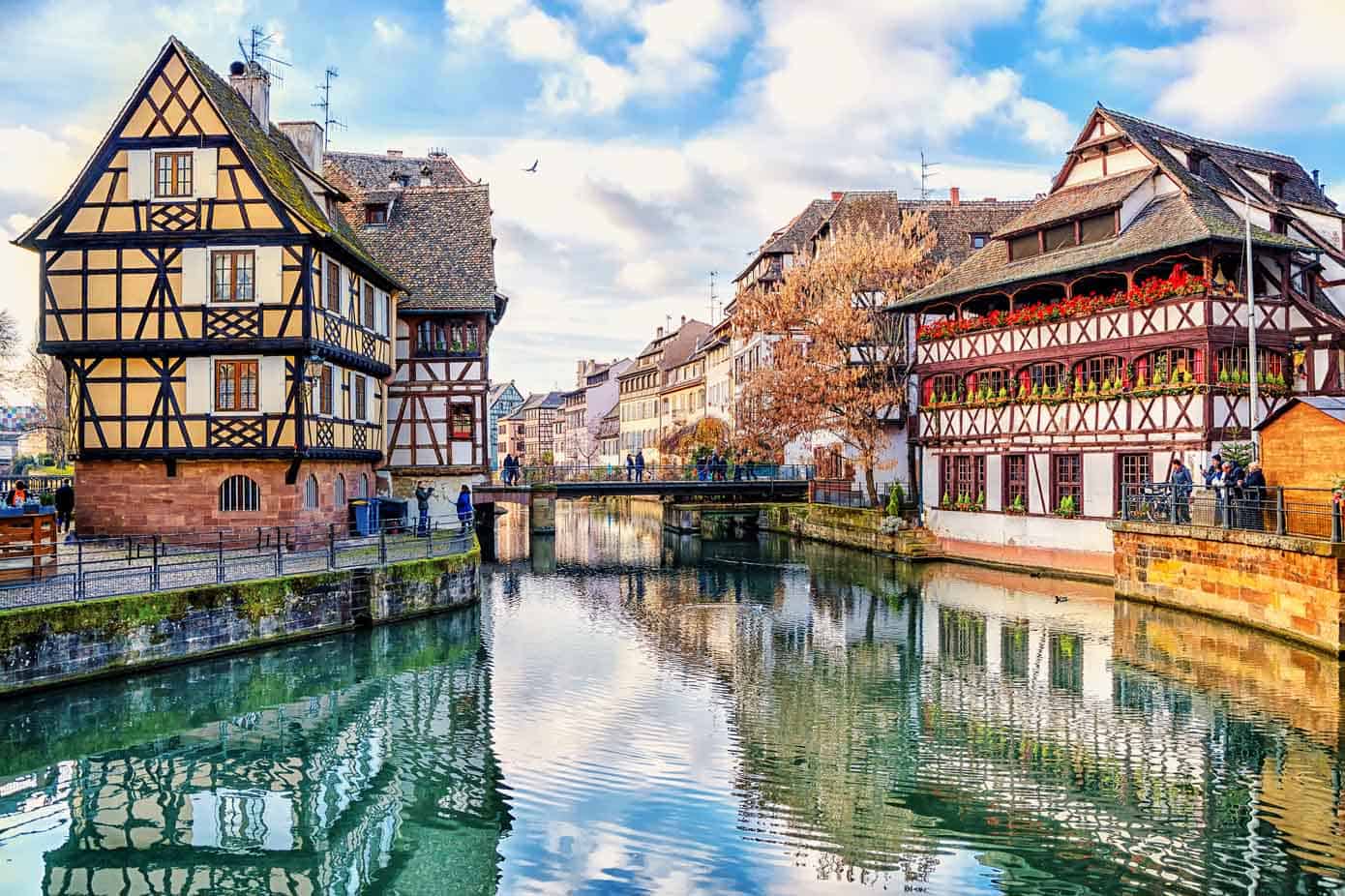 Half-timbered houses next to a canal in Strasbourg, France, a UNESCO World Heritage Site.