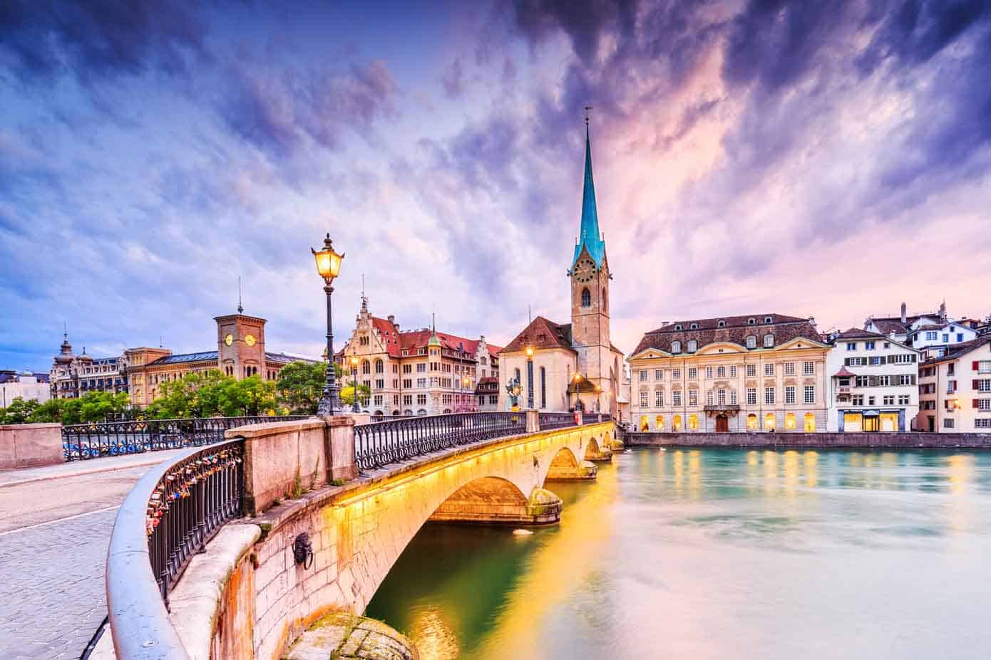 Best River Cruises Fraumunster Church on the Limmat River in Zurich, Switzerland.