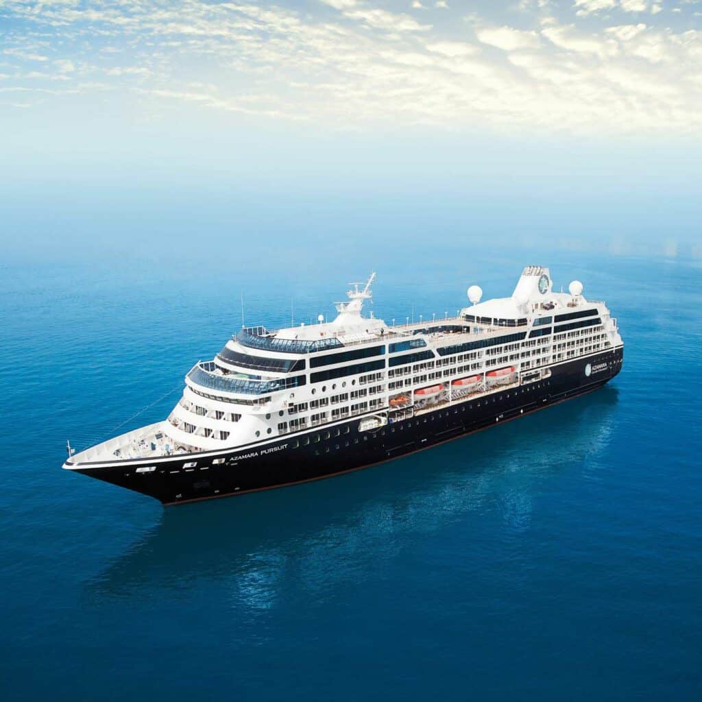 Aerial view of a cruise ship in the ocean.