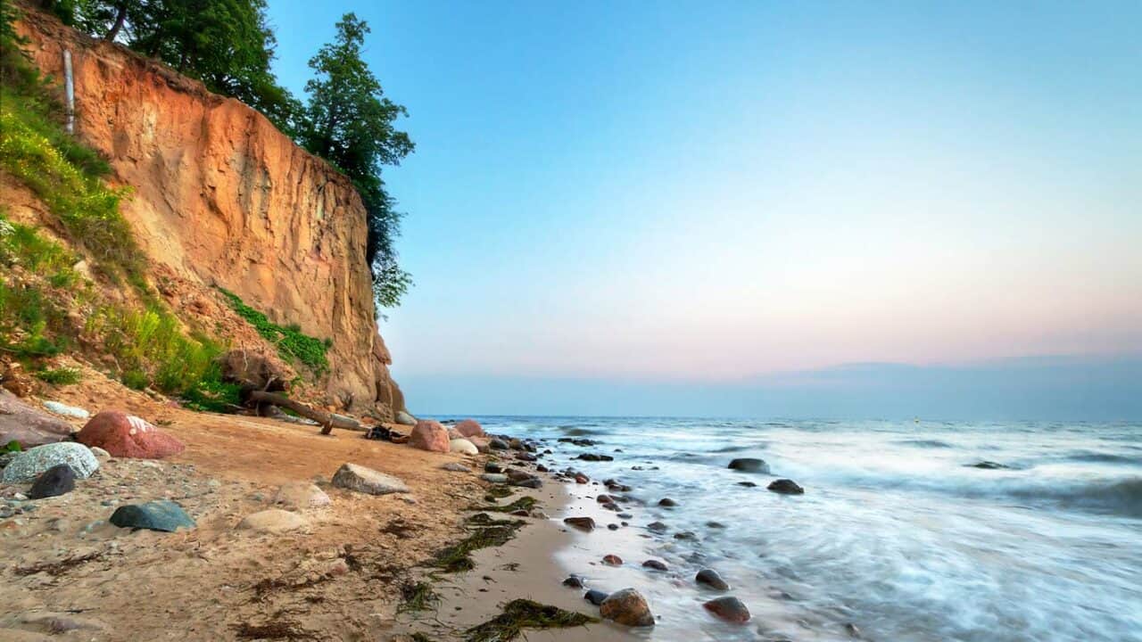 Massive cliffs leading into the ocean in Poland, Europe.