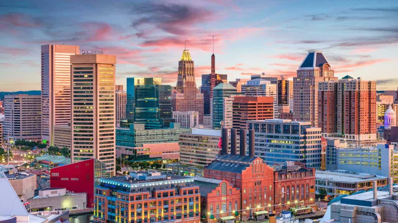 The Baltimore, Maryland city skyline.