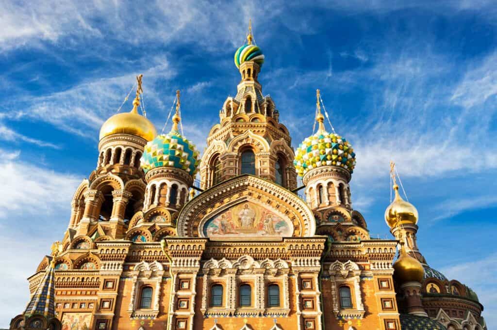 Extremely detailed close up shot of a church in St. Petersburg, Russia called the Church of Resurrection of Christ.