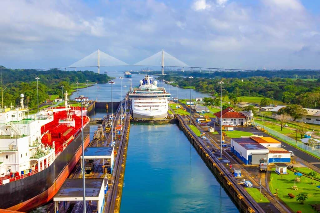 A cruise ship transiting the Panama Canal.