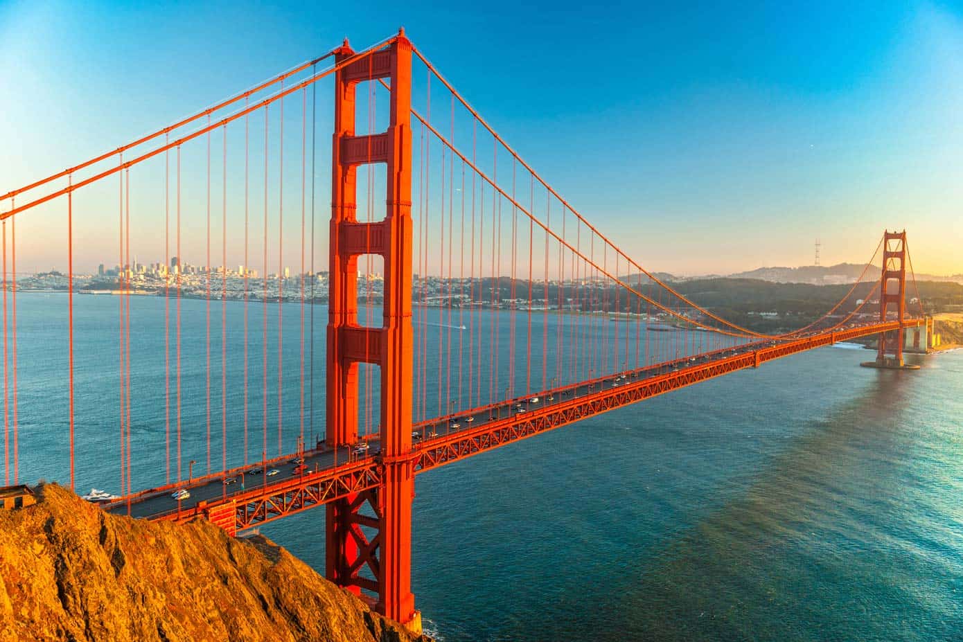 The Golden Gate bridge during sunset over San Francisco, California.