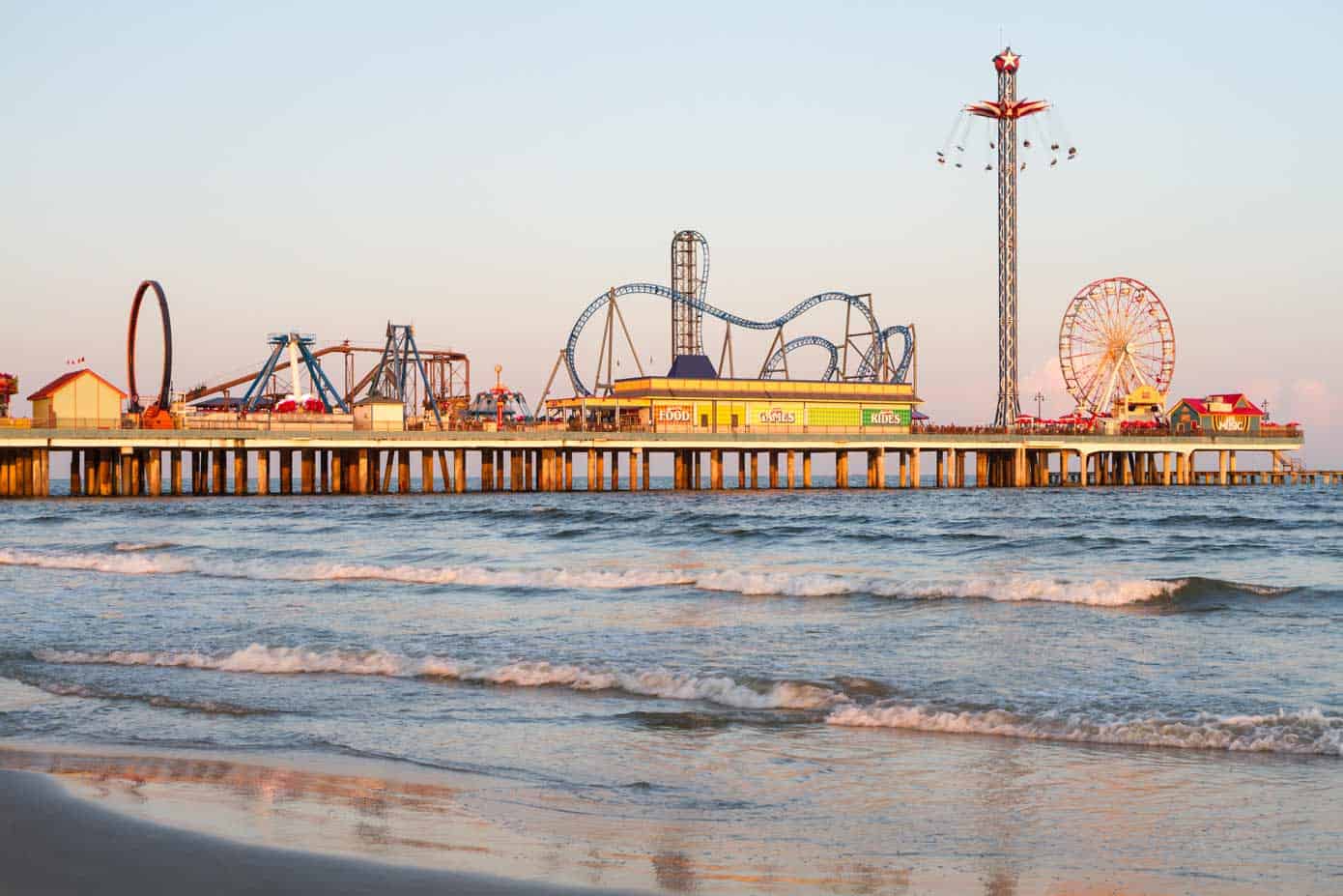 The historic Pleasure Pier Boardwalk in Galveston, Texas.