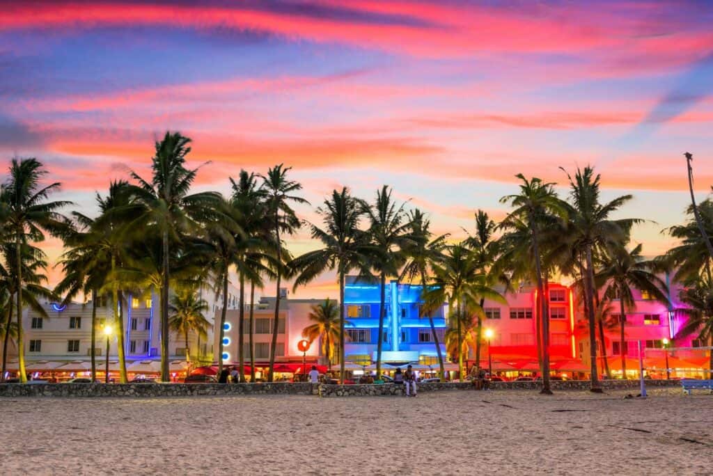 Beautiful neon building facades on Miami Beach, Florida.