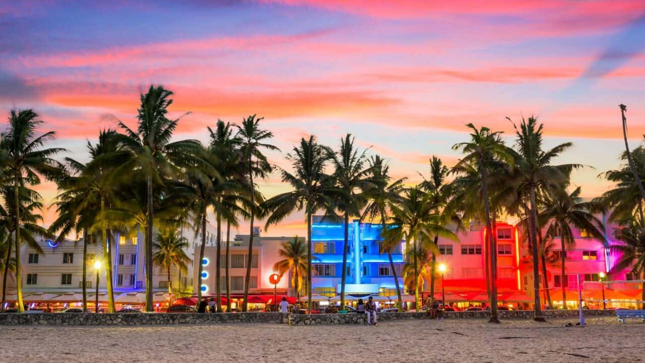 Beautiful neon building facades on Miami Beach, Florida.