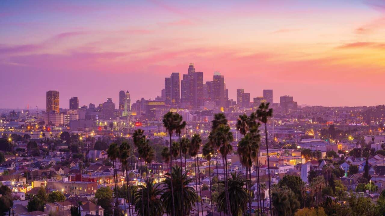 Stunning skyline and palm trees sunset view of Los Angeles, California.