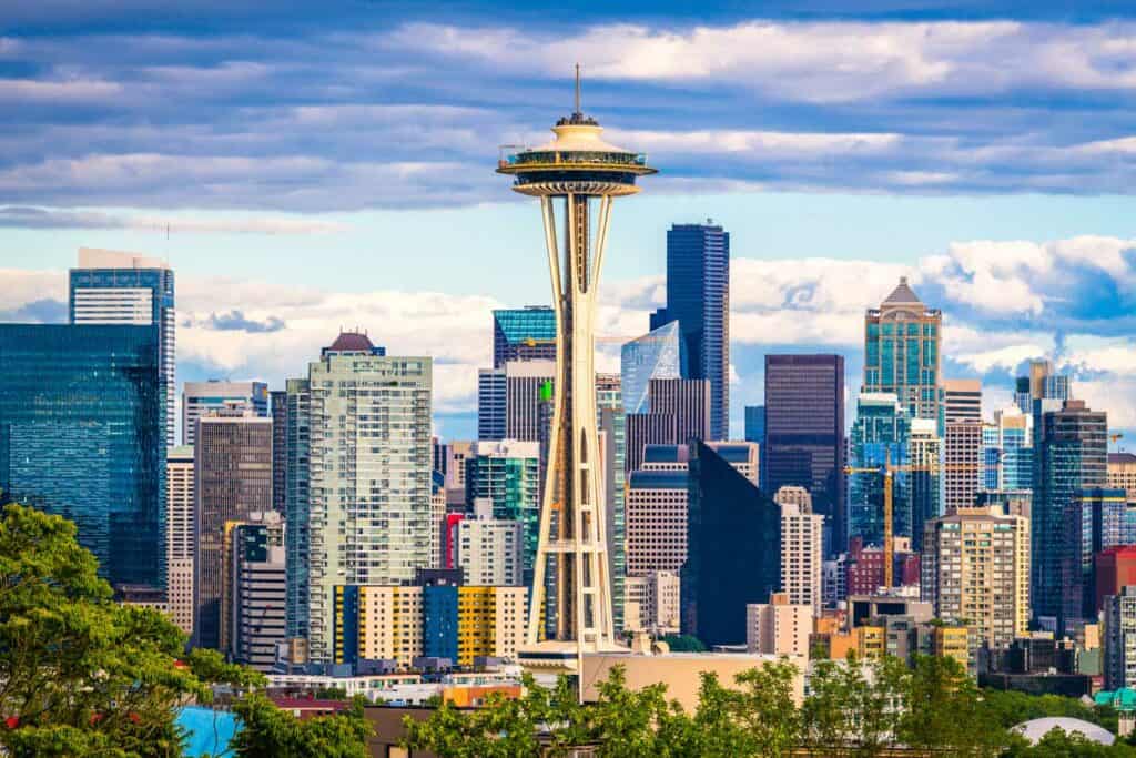 Seattle Space Needle and skyline in Washington, USA.