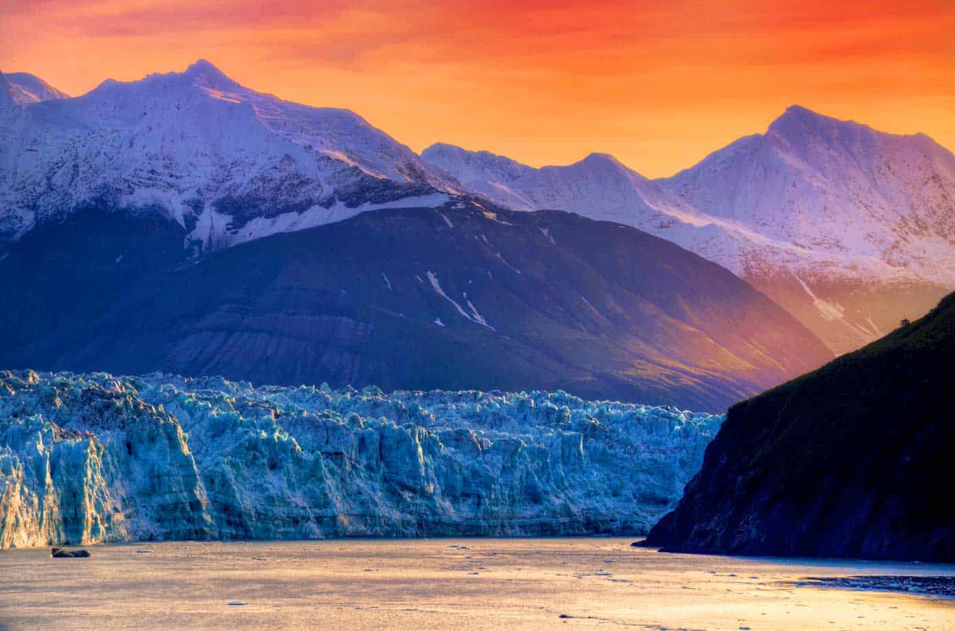 Sunrise over Hubbard Glacier Bay during an Alaskan cruise.