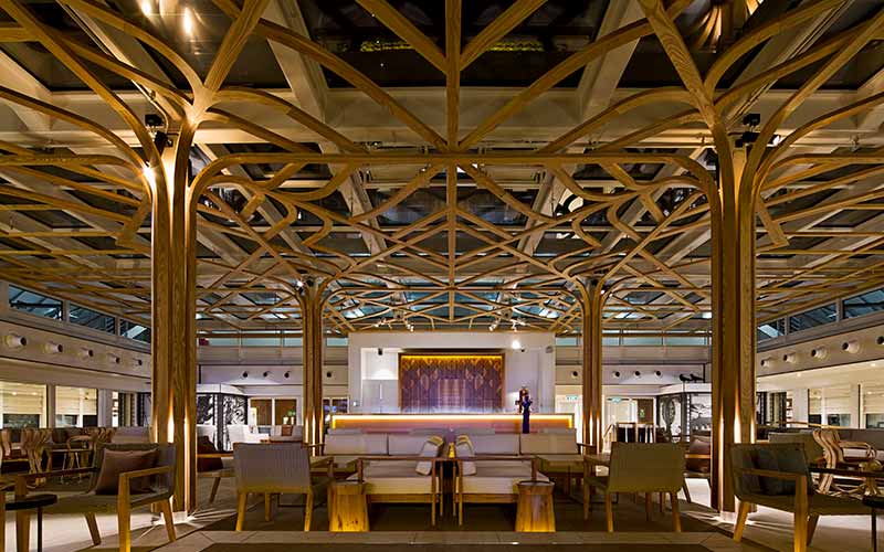 elaborate wooden interior of cruise ship.