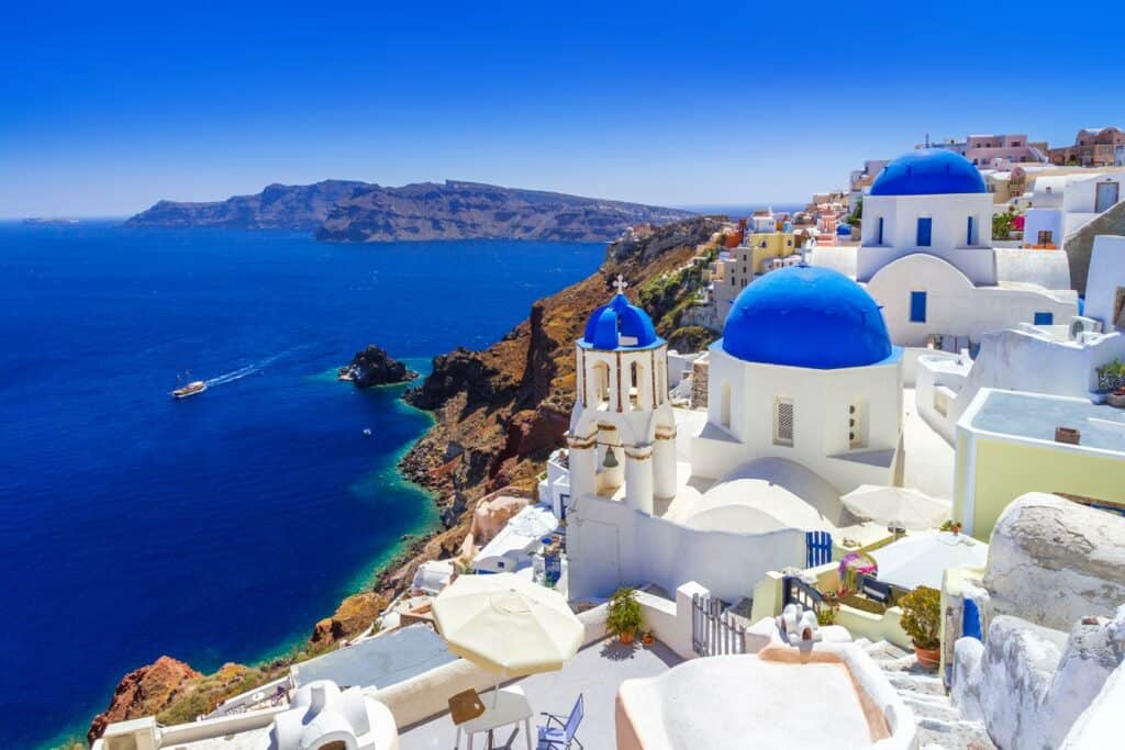 Beautiful blue and white Oia town on Santorini Island, Greece.