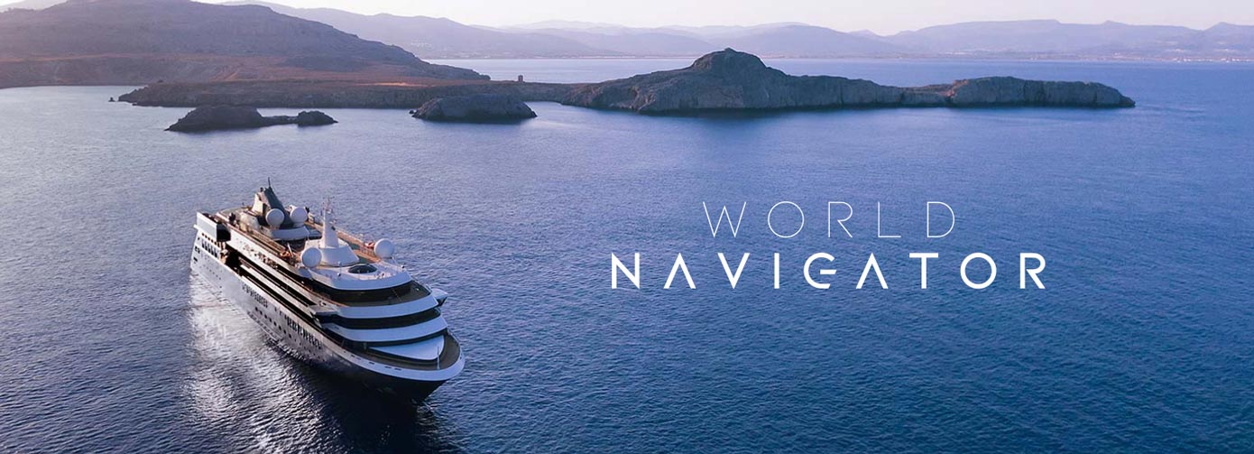Atlas Ocean Voyages World Navigator Cruise Ship in the ocean.