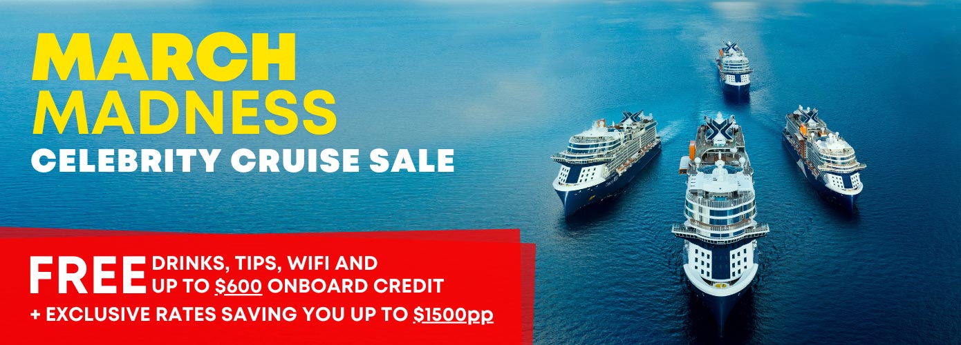 Cruise Travel Outlet's Celebrity Cruises March Madness sale graphic featuring Celebrity's four EDGE class ships.