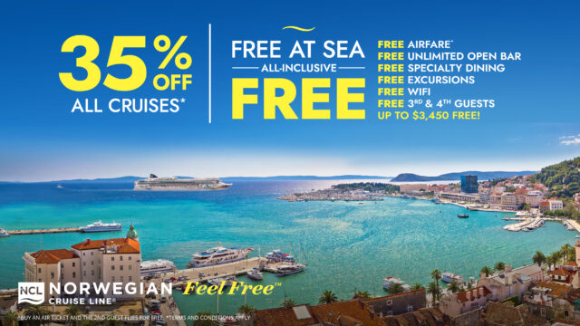 Norwegian’s Free at Sea – 35% Off Cruises + Get Up to FREE Drinks, Specialty Dining, WiFi, Shore Excursions, and More!