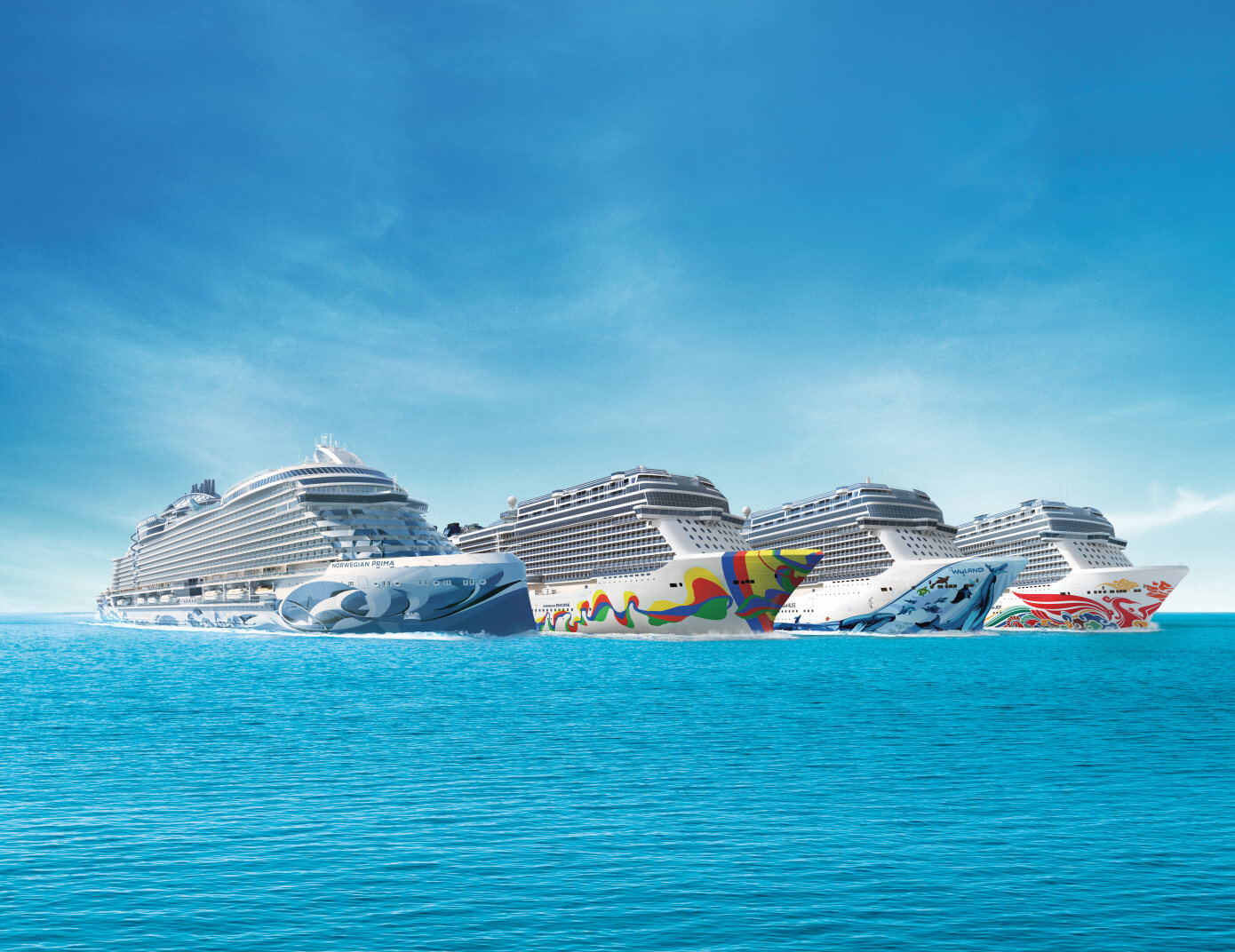 Why Norwegian Cruise Line Is So Much Fun Aerial rendering of NCL Prima, Encore, Bliss, and Joy.