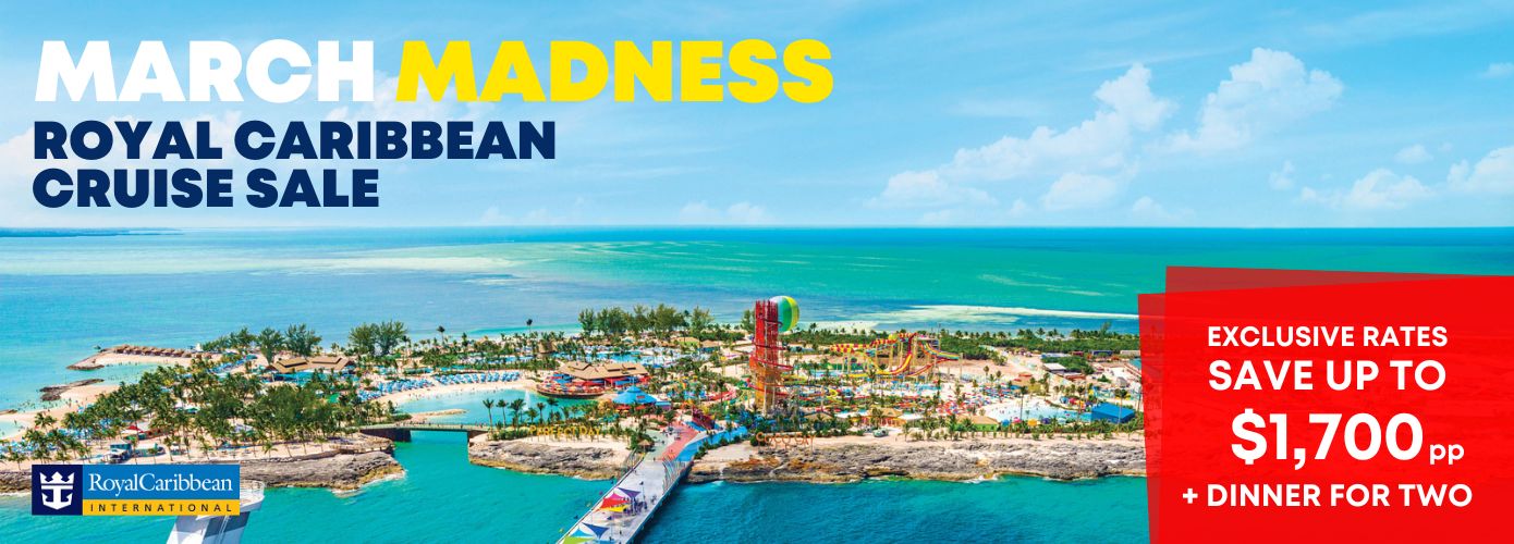 Cruise Travel Outlet's Royal Caribbean March Madness sale graphic featuring CocoCay.