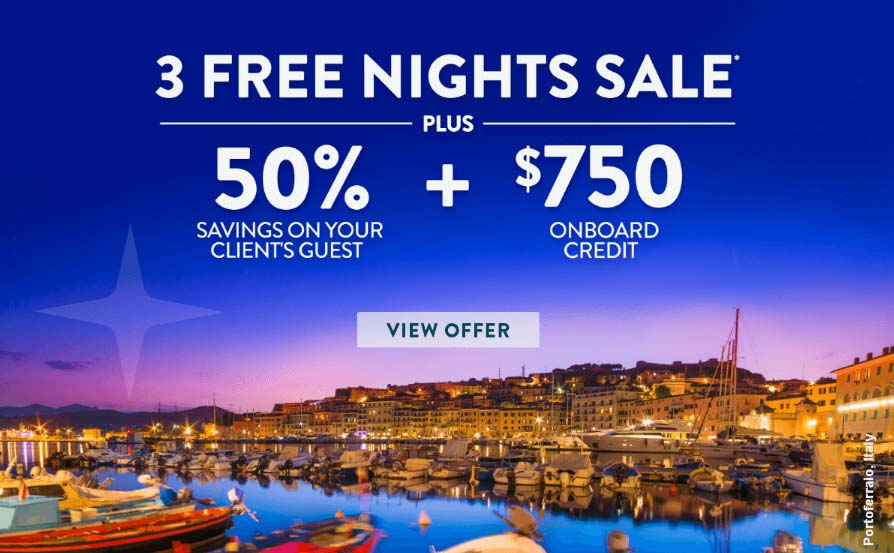 Azamara 3 free nights sale + 50% guest savings + $750 onboard credit.