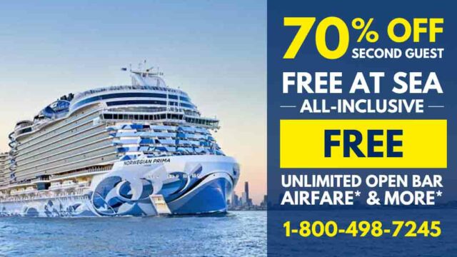 Norwegian: – 70% OFF 2nd Guest + Up to FREE Drinks, Specialty Dining, WiFi, Shore Excursions, and More!